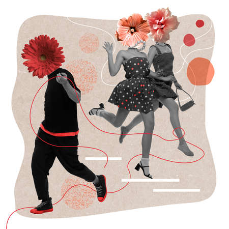 Contemporary art collage. Creative design with stylish people, man and women in dresses headed with flowers. Spring party. Love. Concept of creativity, retro style, fashion, vintage, floral design.の写真素材