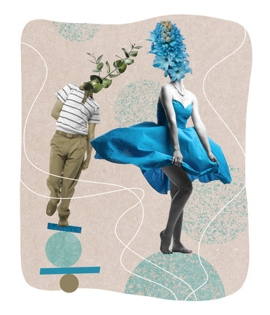 Contemporary art collage. Conceptual image with man and woman in retro clothes on a date. Flower heads. Concept of love, relationship, creativity, retro style, fashion, vintage, floral design.の写真素材