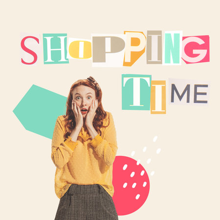Contemporary art collage. Shocked young woman feeling excited about shopping time. Reduction of price. Concept of shopping, Black Friday, big sales, buying products. Copy space for ad, posterの写真素材