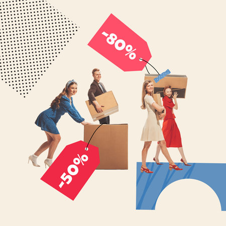 Contemporary art collage. Group of young people carrying big boxes. Successful shopping, low cost stuffs. Concept of shopping, Black Friday, big sales, buying products. Copy space for ad, posterの写真素材