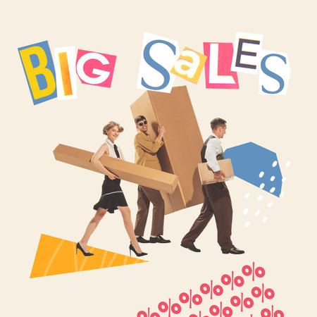 Contemporary art collage. Group of young people carrying big boxes. Successful shopping, low cost stuffs. Concept of shopping, Black Friday, big sales, buying products. Copy space for ad, posterの写真素材