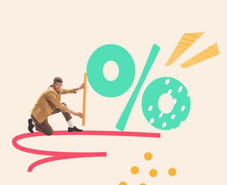 Contemporary art collage. Young man measuring percent sign symbolizing big sales on products. Concept of shopping, Black Friday, big sales, buying products. Copy space for ad, posterの写真素材