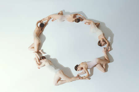 Group of young girls, ballet dancers performing, posing on floor isolated over grey studio...