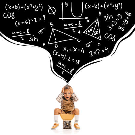 Funny design. Emotive little boy, child sitting on scales, holding hands on head. Math thoughts flow. Concept of childhood, dreams, creativity, fun, lifestyle, retro style, educationの写真素材