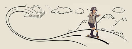 Portrait of little boy, child riding on scooter in helmet and dreaming about adventures. Creative design with drawn elements. Concept of childhood, dreams, creativity, fun, lifestyle, retro styleの写真素材