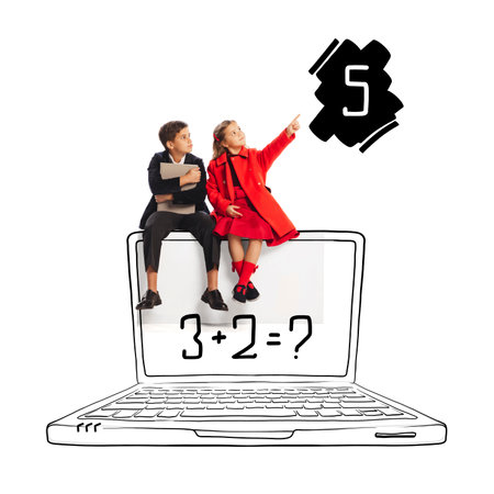 Creative design. Two children, boys and girls sitting on drawn laptop and counting. Math homework....