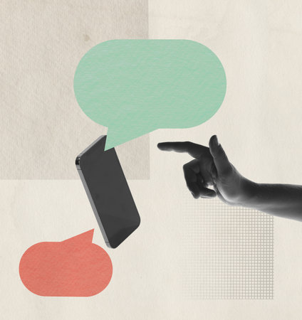 Contemporary art collage. Conceptual image. Male hand reaching phone screen with speech bubble appearing. Onlne communication. Cocept of modern technologies, chatting, internet, networkの写真素材