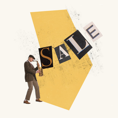 Contemporary art collage. Young man playing saxophone, trumpet, singing about big sales coming. Retro design. Concept of shopping, Black Friday, big sales, buying products. Copy space for ad, posterの写真素材