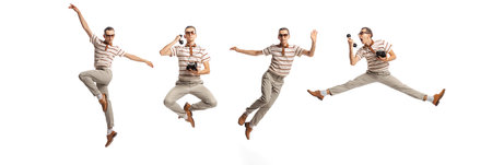 Collage. Young man in stylish retro clothes jumping, performing isolated over white background....