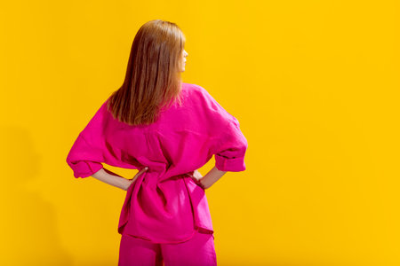 Portrait of young beautiful woman posing in bright pink clothes isolated over yellow studio background. Back view. Concept of beauty, fashion, lifestyle, youth, emotions, facial expression, ad.の写真素材