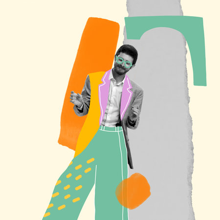Contemporary art collage. Stylish, cheerful young man in a suit dancing at the party. Relaxation. Concept of creativity, youth lifestyle, party, retro, vintage, fashion. Copy space for ad, textの写真素材