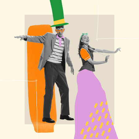 Contemporary art collage. Cheerful, stylish, young man and woman dancing at the party. Fun. Concept of creativity, youth lifestyle, party, retro, vintage, fashion. Bright design. Copy space for adの写真素材
