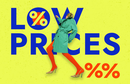 Creative art design. Conceptual image. Young stylish girl in trendy coat over bright yellow...