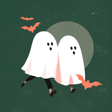 Contemporary art collage. Cute images of ghosts on human legs running isolated over green...