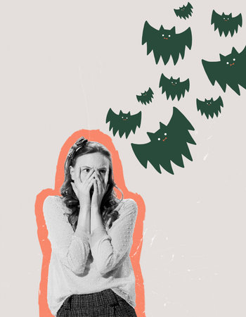 Contemporary art collage. Young girl standing in fear and covering face from flying bats. Autumn...