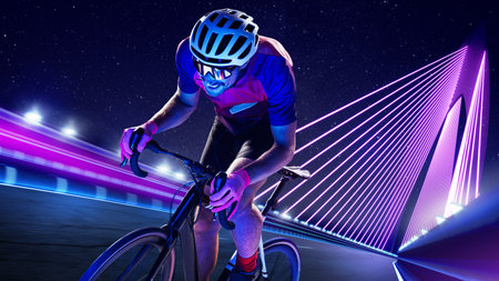 Portrait of man, professional cyclist training, riding on bridge in purple neon over dark background. Evening ride. Concept of sport, lifestyle, health, outdoor training, speed developmentの写真素材