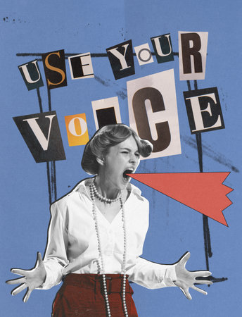 Contemporary art collage. Young woman screaming about her rights. Use your voice slogan. Gender equality. Concept of femininity, womens rights, self-care, acceptance, social protectionの写真素材