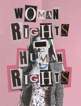Contemporary art collage. Young woman with finger on mouth claiming about human rights equality. Freedom of choice. Concept of femininity, womans rights, self-care, acceptance, social protectionの写真素材