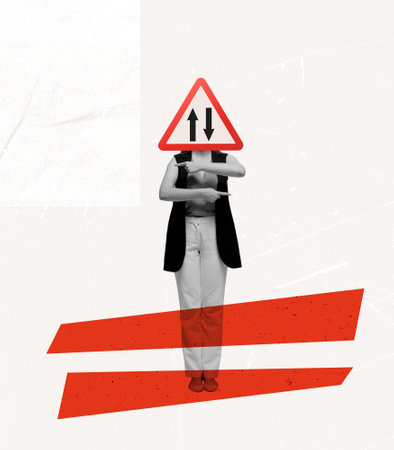 Contemporary art. Woman with two way traffic road sign head symbolizing cooperation. Metaphor of...