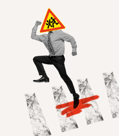 Contemporary artwork. Man with Road sign Warning Children. In the Red Triangle running kids. Be careful. Concept of creativity, business, lifestyle, road signs design, surrealism. Copy space for adの写真素材