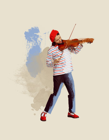 Contemporary art collage. Tender young woman playing violin. Classical music performer. Pastel art style. Concept of creativity, retro style, music lifestyle, design. Copy space for ad, posterの写真素材