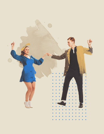 Contemporary art collage. Beautiful young couple at the party, dancing. Pastel artwork. 60s fashion style. Date. Concept of creativity, retro style, music lifestyle, design. Copy space for ad, posterの写真素材