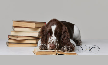 Portrait of purebred english springer spaniel dog sitting with books isolated over grey background....