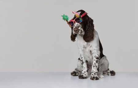 Portrait of purebred english springer spaniel dog wearing funny sunglasses with summer design elements isolated over grey background. Concept of motion, domestic pets, animal life. Copy space for adの写真素材