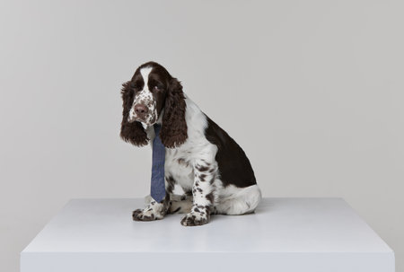 Portrait of purebred english springer spaniel dog posing in tie with serious look isolated over grey...