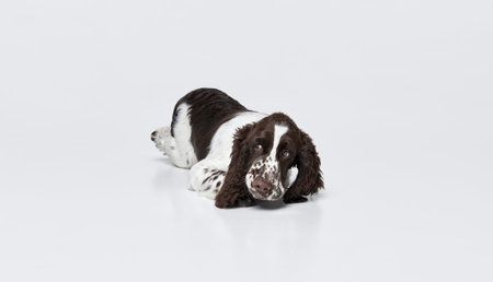 Portrait of cute purebred english springer spaniel dog calmly lying on floor isolated over grey background. Sleepy. Concept of motion, domestic pets, animal life. Copy space for adの写真素材