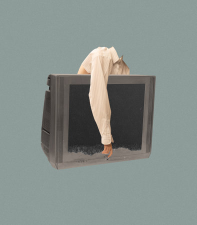 Contemporary art collage. Female headless silhouette lying on retro TV set. News and information channels. Concept of surreal art, abstract design, creativity, retro style. Copy space for ad, posterの写真素材