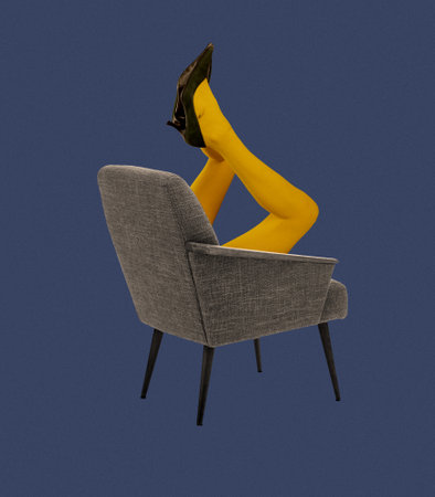 Contemporary art collage. Female legs in yellow tights sticking out grey chair. Comfortable furniture. Concept of surreal art, abstract design, creativity, retro style. Copy space for ad, posterの写真素材