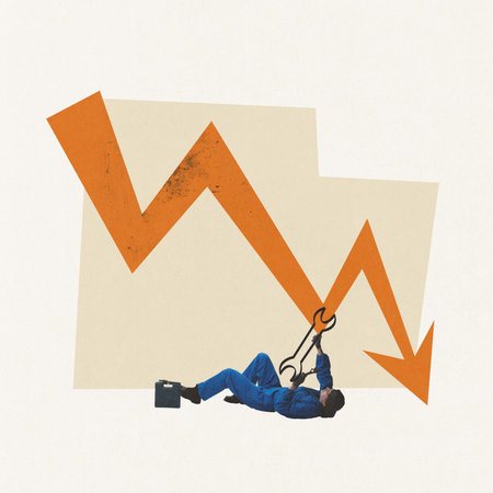 Contemporary art collage. Man, worker fixing business graph, arrow going down symbolizing decline in progress. Concept of working mechanism, promotion, business, progress line, strategyの写真素材