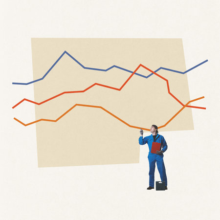 Contemporary art collage. Young man, worker checking business graphs, fixing current mistakes. Concept of working mechanism, promotion, business, progress line, strategyの写真素材