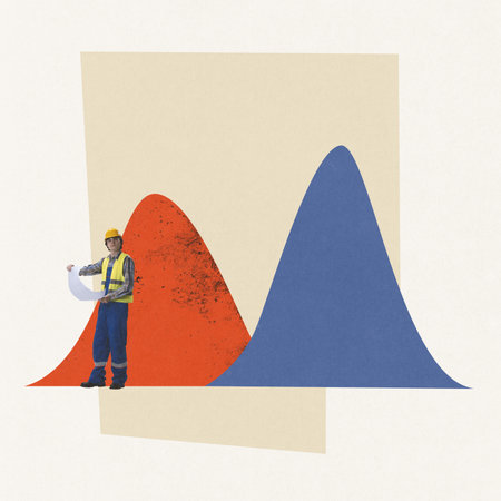 Contemporary art collage. Man, technical worker checking business system, analytics and fixing problems. Concept of working mechanism, promotion, business, progress line, strategyの写真素材