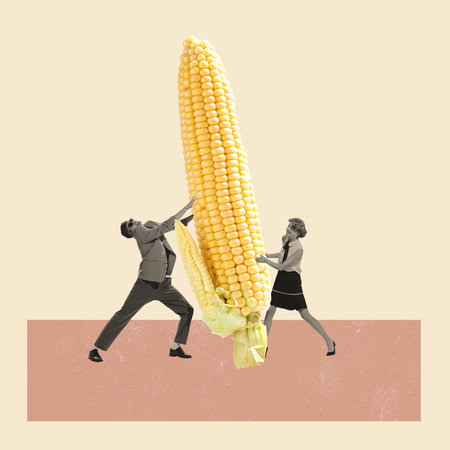 Contemporary art collage. Creative design with young man and woman holding giant corn. Taste of summer. Vintage style. Concept of food, style, artwork, creaitivity. Copy space for adの写真素材