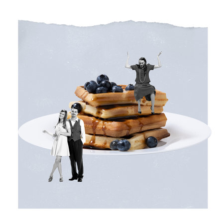 Contemporary art collage. Young emotive woman sitting on waffles with jam and being jealous about man and woman. Vintage style. Concept of food, style, artwork, creaitivity. Copy space for adの写真素材