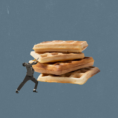Contemporary art collage. Creative design with young stylish man taking big delicious waffle. Sweet party. Vintage style. Concept of food, style, artwork, creaitivity. Copy space for adの写真素材
