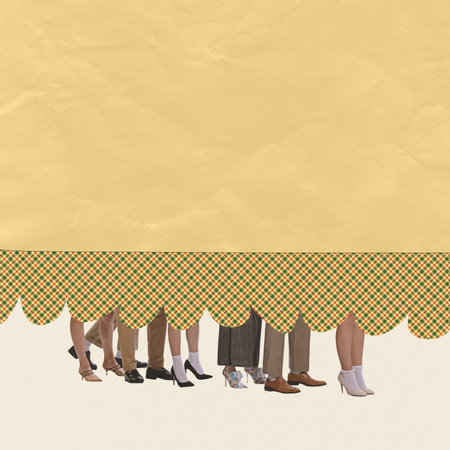 Contemporary art collage. Creative design in retro style. Group of people, men and women, standing...