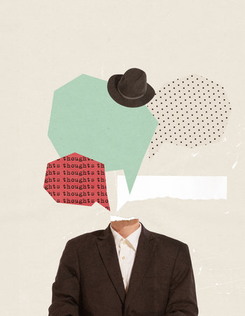 Contemporary art collage. Conceptual image with male silhouette in a suit. Overthinking process. Diversity. Concept of psychology, inner world, dream and thoughts. Copy space for ad, posterの写真素材