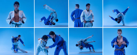 Collage. Two sportive strong men training, practising martial arts isolated over blue background in neon light . Concept of martial art, combat sport, health, strength, energy, fit.の写真素材
