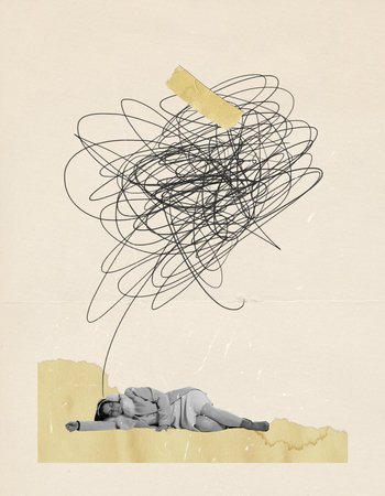 Contemporary art collage. Conceptual image. Young woman lying, sleeping. Feeling tired and...