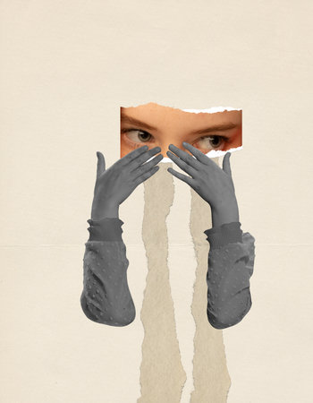 Contemporary art collage. Conceptual image. Cropped image of female eyes and hands. Depression, sadness and loneliness. Concept of retro style design, inner world, psychology, emotions and feelingsの写真素材