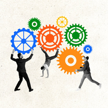 Contemporary art collage. Creative design. Group of young people, employees working together with business gears symbolizing well-coordinated teamwork. Concept of career, growth, successの写真素材