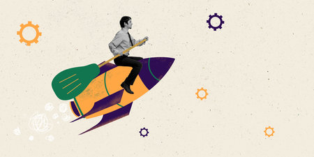 Contemporary art collage. Creative design. Motivated employee, businessman sitting on spaceship and...