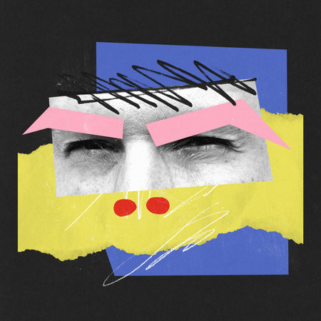 Contemporary art collage. Creative bright design. Male face part, eyes expressing suspicious and mistrust. Concept of surrealism, emotions, facial expression, psychology, mosaicの写真素材