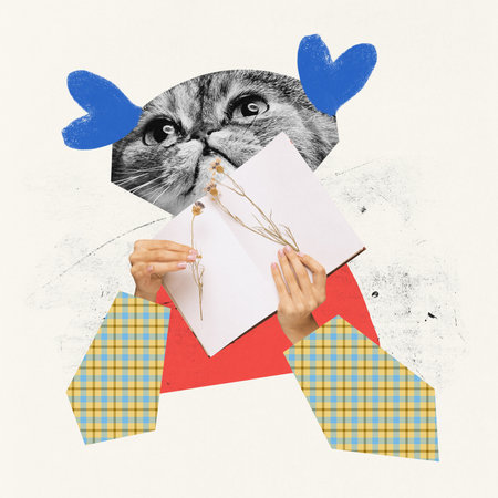 Contemporary art collage. Creative design. Cats head with female hands making dry flower applique in notebook. Concept of surrealism, hobby, creativity, animal theme. Copy space for ad, textの写真素材