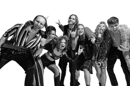Group of stylish expressive people, man and woman, musicians, performers posing on white background....