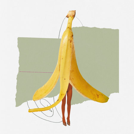 Contemporary art collage. Creative design with female legs sticking out banana peel. Healthy eating, dieting. Concept of food, retro style, artwork, creativity. Copy space for ad, textの写真素材