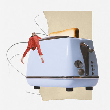 Contemporary art collage. Creative design with young girl lying on toast. Breakfast. Sleepy morning. Concept of food, retro style, artwork, taste, creativity. Copy space for ad, textの写真素材